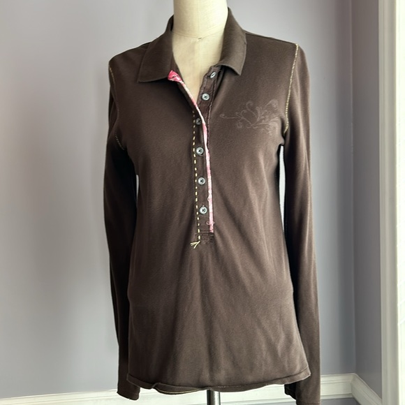 Old Navy Perfect Fit long sleeve brown collared polo top with pink floral trim - Picture 1 of 13